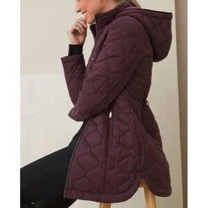 Chico's Elongated Puffer Jacket Size 1 8 10 Wine Red Velvet Trim Hooded $179